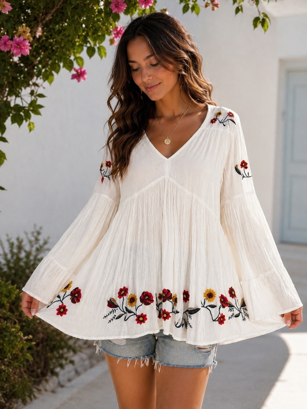 Sadie & Sage Boho Floral Embroidered Bell Sleeve Peasant Tunic Top Size L